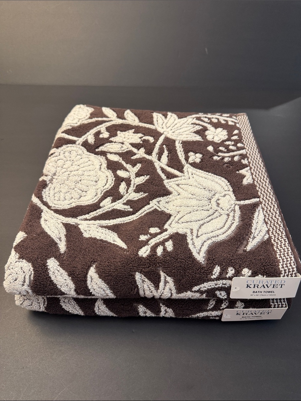 2pc CURATED KRAVET 100% Cotton(EOD) Floral Jacquard Bath Towel Set - Cocoa/Coco